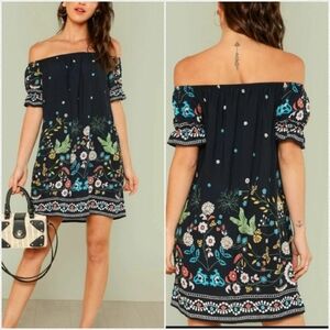 Shein Botanical print ruffle off shoulder dress L